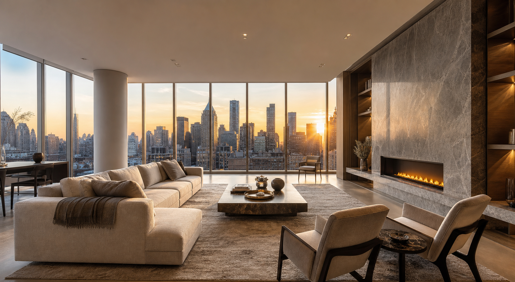 Interno di lusso con grandi vetrate e vista sulla città
